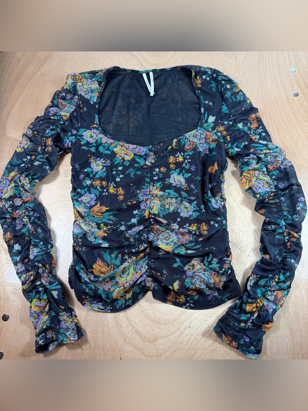 Anthropologie Black Floral Ruched Long-Sleeve Scoop-Neck Blouse